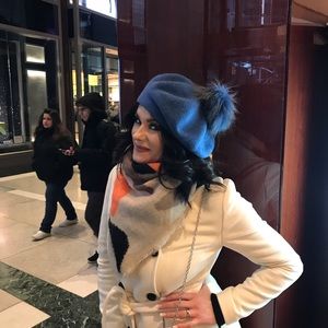 Beret Angora Hat with removable fur pompom